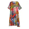 Party Dresses Women Floral Silk Short Sleeve Midi Dress Summer Fashion Light Casual Loose Prom 2024 Korean Elegant Chic