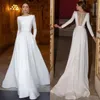 Moda a linha vestidos de casamento para noiva bateau mangas compridas cetim vestido de casamento botão volta designer vestidos de noiva trem varredura yd