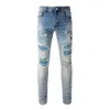 Designer Mens Jeans High Street Blue Diamond Washed Denim avec patch tendance en détresse Jeans élastiques Rock Revival Jeans Hole Blue Pants