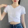 2023 Nya koreanska Slim Fit Folded Open Navel Top Womens V-ringning Kort ärm T-shirt Kvinnors Summer Womens T-shirt 080