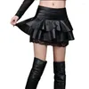 Skirts Lady Autumn High Waist Leather Skirt Pu Lace Splice Mini A Line S Woman Black Female Winter R2