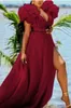 2024 Plus Size Women Sexy Mesh Dresses Charming Ruffles Puff Sleeves Deep V-neck XL-5XL High Waist Slit Floor-length Party Dress