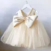 Girl's Dresses Party kids white V-neck with bow at back birthday christening summer beads flower dresses for girls toddlers children princess dress 240315