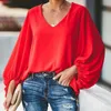 Kvinnor Blusar Long Lanter Sleeve Chiffon Shirt Women Spring Summer Fall Solid Color V-Neck Loose Blouse Female Fashion Casual Top
