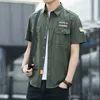 Verão nova camisa masculina de manga curta ajuste fino algodão puro tendência estilo militar camisa casual oversized masculino jaqueta superior