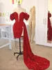 2024 Sexy Black Short Prom Dresses Sweetheart Neck Off Shoulder Ruffles African Girl Red Party Dress With Watteau Train