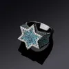 Bröllopsringar Ny Iced Hexagonal Star Ring lämplig för män/kvinnor något asfalterade med guldsilverfinish Kubik Zircon Charm Hip Hop Jewelry Gift Q240315