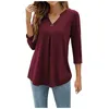 Kvinnors T-skjortor Spring Autumn Clothing Three Quarter Sleeve V Neck Pleated T-shirt Top Solid Color Loose Pullover Tops