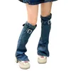 Women Socks Harajuku Vintage Denim Gothic Rhinestones Buckle Bandage Knee High Long Foot Covers Drop