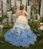 Flickaklänningar Tiered Tulle Flower för bröllop med avtagbart tåg High Low Toddler Girls Pageant Dress Kids Party Ball Gown