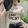 T-shirt da donna T-shirt da donna in stile cinese Colletto cheongsam T-shirt Top sexy slim-fit estivo manica corta con stampa di lettere Tshirt con coulisse