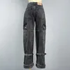 Jeans femininos vintage lavado solto casual com bolsos grandes calças retas de cintura alta y2k perna gravata primavera e verão 2024