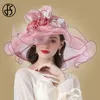 FS Tocado de flores para mujer, sombrero de sol de Organza para boda, ala ancha, sombreros de fieltro grandes elegantes para mujer 240226