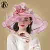 FS Blumen-Fascinator für Damen, breite Krempe, Hochzeit, Kirche, Organza-Sonnenhut, elegante große Damen-Fedoras 240226