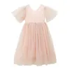 Robes de fille Robe de princesse fille avec paillettes robe en tulle pour mariage robe de bal taille haute manches papillon vestibule 4-16 ans 240315