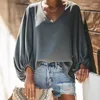 Kvinnor Blusar Long Lanter Sleeve Chiffon Shirt Women Spring Summer Fall Solid Color V-Neck Loose Blouse Female Fashion Casual Top