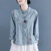 2024 Spring New Chinese Style Embroidered Cotton and Hemp Shirt Women's Retro Pan Button Long sleeved Standing Collar Tea Dress Loose Top