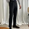 Trajes de hombre Diseño Hombres Pantalones de cintura alta Sólido Inglaterra Negocios Casual Traje Pantalones Primavera Verano Moda recta C64