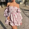 Casual Dresses Boho Inspired Satin Smocked Puff Sleeve Bubble Mini Dress Floral Print Party Girl 2024 Summer Dressse Sexy Women
