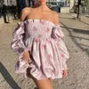 Abiti casual Boho ispirato raso smock manica a sbuffo mini abito a bolle stampa floreale Party Girl 2024 Summer Dressse donne sexy