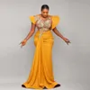 Aso Ebi Mermaid Prom Dresses For African Women Sheer Neck Cap Sleeves Appliques Beads Pleat Party Evening Dress With Side Train