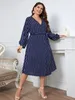 Plus size envoltório com decote em v vestido feminino longo bispo mangas listrado impressão robe cinto aline outono feminino roupas elegantes 240311