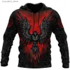 Herrtröjor tröjor överdimensionerade tatuering skelett kors terror rött 3d tryckt herr hoodie tröja casual tracksuits raven bad varg djurkläder l240315