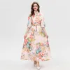 유럽 ​​및 미국 여성 의류 2024 스프링 스탠드 칼라 7 점 랜턴 슬리브 인쇄 벨트 패션 주름 드레스
