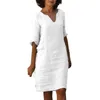 Casual Dresses Women's V Neck Mini Dress Cotton And Linen Short Sleeve Holiday Solid Color Maternity Midi For Women Robe