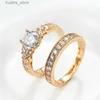 Cluster Rings Allergy Free Pure Yellow Gold Color Tibetan Silver Rings Set High Quality Cubic Zircon Ring Bride Wedding Band Set for Women L240315