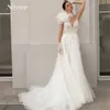 우아한 웨이브 포인트 3D 꽃 튤 웨딩 드레스 환상 v- 넥 A- 라인 스파게티 버튼 활을 열 신부 가운 yd