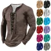 Camiseta masculina estilo vintage camisetas primavera ao ar livre casual topos moda rendas com decote em v de manga comprida camiseta outono cor lisa