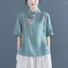 Damesblouses Borduren Vintage Katoen Linnen Shirts Casual Stand Hellend Schuin Button Up Blouse Harajuku Chinese Losse Tops Mujer