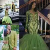 متواضع Afircan Black Girls Green Mermaid Prom Dresses Flunging V الرقبة الترتر من زين مخصص مصنوع من الأكمام الطويلة ارتداء المساء الرسمي