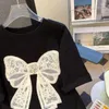 女性のTシャツエバイフイ女性ネイルビーズデザインTシャツ弓ブラック刺繍パッチレディースシャツ春秋の汎用ルーズラウンドネック