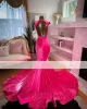Ярко-розовые платья для выпускного вечера с бриллиантами для черных девочек 2024, бархатные бусины и стразы, вечерние платья, вечернее платье русалки, Vestidos De Gala 0228