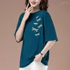 Kvinnors t skjortor koreanska mode kvinnor vintage lång t-shirt sommar halva ärm slända tryck kvinnlig kläder grundläggande pulover lös casual