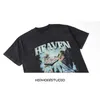 European and American trendy brand dark skull retro washed and distressed t-shirt with angel direct spray printing oversize summer short sleeved design