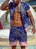 Erkek Trailtsits Retro Geometrik Baskı Mens Yaz Günlük Kısa Kollu Yakel Gömlek ve Mens Moda Seti için Kısa Kollu Plaj Seti Q240314