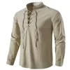 Мужские футболки JUSTSAI рубашка с v-образным вырезом, модный винтажный тонкий топ с длинными рукавами, мужской повседневный дышащий мужской костюм викингов на шнуровке спереди