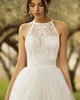 2024 Backless Wedding Dresses Halter Lace Sweep Train Tulle A Line Criss Cross Straps Custom Made Country Wedding Gown vestido de YD