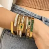 Trendy Chic Green Zircon 14k Yellow Gold Bangle Bracelets for Women Charm Texture Simple Golden Accessories