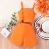 2024 Girls Set Summer Fashion Sleeveless Belt+Shorts Set Solid Button Casual Childrens Clothing 7 8 9 10 11 12 Years Old 240315