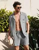 Men's Tracksuits Summer cotton linen shirt set mens casual outdoor 2-piece set and family clothing pajamas comfortable and breathable beach short sleeved set Q240314