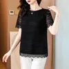 Women's T Shirts Black Heavy Industry Embroidered Silk Top 2024 Summer O-neck Short Sleeve Lace Splice Loose Size Slimming T-shirt