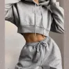 1 Set Hoodies Hosen Mit Kapuze Kordelzug Frauen Langarm Crop Top Taschen Hosen für Sport 240309