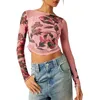 T-shirts pour femmes femmes maille manches longues hauts imprimé floral serré col rond voir à travers court pour le printemps automne