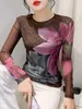 女性用TシャツS-4XL秋冬二重層メッシュTシャツ女性印刷ポジショニング花長い丸い首のスリムトップFF0923