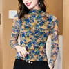 Blouses Femmes 2024 Printemps Automne Femmes Manches Longues Chemise Imprimée Femme Col Bas Demi Col Haut Haut Dames Slim Casual G487