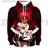 Herrtröjor tröjor kawaii tecknad Hazbin 3d tryck hoodie Hotel Sweatshirt Spring Fall Anime Hooded Pullover Harajujku Men Klädtraktik Kvinna L240315
